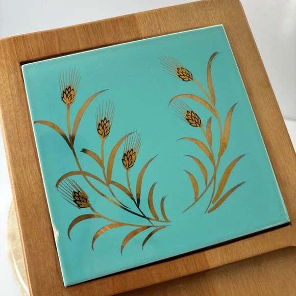 Vintage Mid Century Modern Wheat Design Serving Tray with Turquoise Tile - Picture 5 of 13